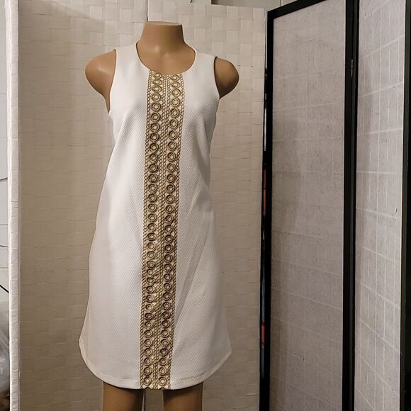 BRAND NEW PAPPAGALLO SLEEVELESS TEXTURED KNIT METALLIC GOLD LACE F TRIM DRESS - Picture 9 of 14